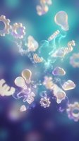 Glowing light bulbs, gears, and cloud icons float through turquoise and purple gradient background with sparkling particles, representing innovation, technology, and digital transformation for business concepts.