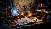 Mystical alchemy laboratory with glowing crystal ball, ancient scrolls, candles, and magical potions on wooden table for fantasy storytelling and occult themes.