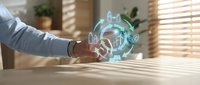 Businessman hand touching glowing holographic interface with digital icons and data visualization for technology, innovation, and business solutions.