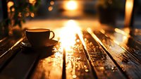 Coffee cup on wooden bench at sunset with golden sunlight creating magical bokeh effect through morning dew drops, cozy autumn atmosphere.