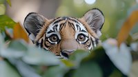 Adorable tiger cub peeking through green foliage with bright eyes and distinctive stripes in natural jungle habitat for wildlife and nature projects.