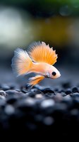 Orange and white betta fish with flowing fins swimming above dark gravel substrate in aquarium environment for pet care and aquatic design projects.