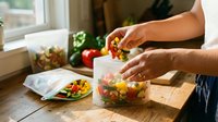 Young adult male with medium skin tone preparing fresh vegetables in a kitchen, adding chopped produce to a glass container for meal prep or storage, with fresh ingredients and recipe materials visible on wooden counter.