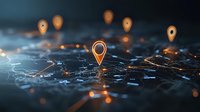 Orange location pins on digital map with glowing network connections and dark background, illustrating global positioning technology and navigation systems.