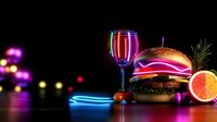 Neon-lit burger with wine glass, citrus and cherry tomatoes on dark background with colorful bokeh lights creating modern food composition for restaurant menu design.