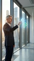 Mature Caucasian businessman in suit touching holographic digital interface with data analytics in modern office with city skyline view.