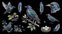 Iridescent hummingbirds and starlings with feathers, berries, and nest elements isolated on transparent background. Ready for t-shirt designs, clipart, stickers, and print-on-demand products.