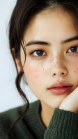 Close-up portrait of young Asian woman with natural freckles, wearing green sweater. Soft natural makeup, dark hair, and contemplative expression against white background.
