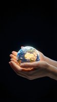 Hands holding glowing Earth globe against dark background, symbolizing environmental protection, sustainability, and global responsibility for conservation efforts.