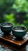 Two ceramic tea cups with hot tea on wooden tray during heavy rainfall with green foliage background creating peaceful rainy day atmosphere for relaxation.