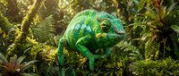 Vibrant green chameleon with textured skin perched on moss-covered branch in lush tropical rainforest environment with ferns and dappled sunlight filtering through.