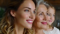 Three generations of women with radiant smiles looking into distance, wearing white, representing family bonds, aging gracefully and feminine beauty. Natural indoor lighting.