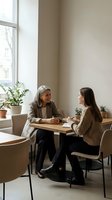 Two professional women having friendly business meeting in modern minimalist cafe with natural light and plants for networking and collaboration.
