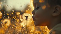 Young child blowing dandelion seeds at sunset with magical golden bokeh lights and floating particles creating dreamy atmospheric nature scene.