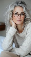 Confident mature woman with silver gray hair wearing glasses and cozy sweater smiling warmly at camera in bright modern home interior for lifestyle content.
