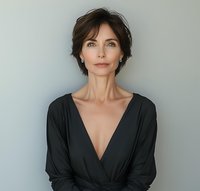 Elegant woman with short dark hair wearing black wrap dress against light background, natural makeup and minimal jewelry for fashion and beauty portraits.