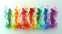 Colorful rainbow silhouettes of women dancing with butterflies and floral elements, representing diversity and celebration of feminine energy.