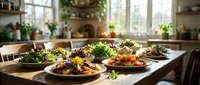 Fresh organic salads and healthy meals arranged on rustic wooden dining table in bright farmhouse kitchen with natural lighting and plants.