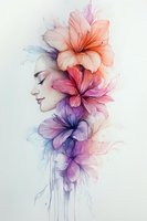 Delicate watercolor illustration of woman's profile with vibrant hibiscus and lily flowers in coral, pink, and purple hues, creating ethereal feminine composition.