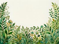 Botanical illustration with lush green foliage and flowering plants arranged along bottom border on cream background, isolated design element for stationery, invitations, and decorative projects.