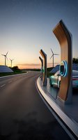 Modern electric vehicle charging station with wooden design elements at sunset highway with wind turbines and starry sky for sustainable transport.