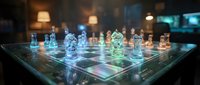Futuristic holographic chess set with glowing transparent pieces on illuminated board in modern interior setting for gaming and technology concepts.