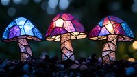 Glowing magical mushrooms with stained glass effect in vibrant pink, purple and blue colors against dark background with bokeh lights create mystical forest atmosphere.