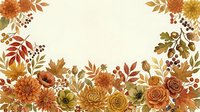 Autumn floral border frame with warm orange, red, and golden flowers, leaves, berries, and acorns on a cream background for seasonal design.