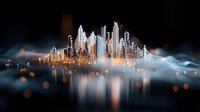 Futuristic glowing cityscape with illuminated skyscrapers rising from misty fog at night, creating dramatic reflections on water surface.
