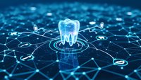 Digital tooth hologram with glowing network connections for modern dentistry and healthcare technology applications in medical presentations.