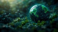 Glowing digital Earth sphere resting on moss with network connections, representing global technology and nature connection in dark environment.