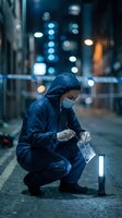 Forensic investigator in protective suit collecting evidence at night crime scene with portable light in urban street setting with bokeh city lights.