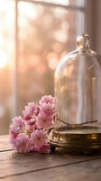 Glass cloche bell jar with pink cherry blossoms on wooden table in warm sunlight. Spring home decor and botanical display concept.