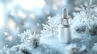 White cosmetic dropper bottle on frosty winter background with snowflakes and bokeh lights, skincare product photography for beauty and wellness advertising.