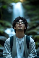 Young East Asian man wearing glasses and casual layered clothing gazing upward near a cascading waterfall surrounded by lush green moss-covered rocks, conveying contemplation and connection with nature.