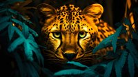 Intense close-up of spotted leopard face with glowing green eyes peering through tropical turquoise leaves in dramatic lighting, creating mysterious jungle atmosphere.