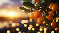 Fresh ripe oranges hanging on tree branch at sunset with golden bokeh lights in background, natural organic citrus fruits growing in garden.