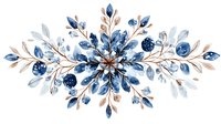 Watercolor floral arrangement in navy blue and brown tones featuring delicate leaves, berries and botanical elements in symmetrical composition. Decorative border design.