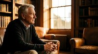 Elderly Caucasian man sitting thoughtfully in cozy home library with warm sunlight streaming through window, surrounded by bookshelves and leather furniture.