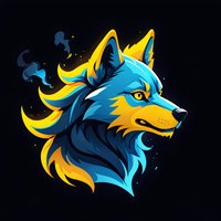 Fierce wolf head in vibrant blue and yellow colors with mystical smoke elements on black background, stylized mascot design for gaming and sports teams.