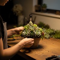 Woman arranging succulent plants in wooden bowl on rustic table. Indoor gardening hobby and home decoration with natural green plants in cozy workspace.