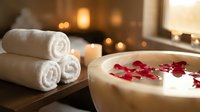 Luxurious spa bathtub with rose petals and rolled towels in candlelit bathroom setting for relaxation and wellness retreat experience.