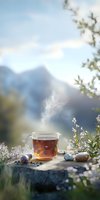 Steaming cup of herbal tea on stone with blueberries and wildflowers against misty mountain backdrop, creating serene morning atmosphere in nature.