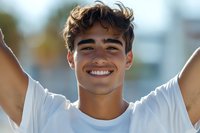 Young Hispanic man with bright smile wearing white t-shirt outdoors on sunny day, expressing joy and confidence with raised arms and natural lighting.