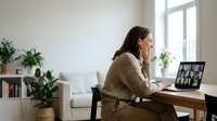 Young professional woman in beige sweater participating in video conference call from modern home office workspace with plants and natural lighting.