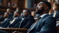 Young African American businessman in dark suit looking up thoughtfully during corporate conference or meeting, with other professionals seated in background.