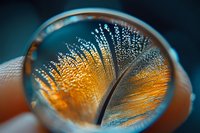 Delicate white feather with orange glow captured through glass sphere creating magical refraction effect and bokeh background for artistic macro photography.
