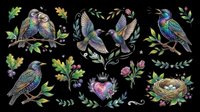Colorful hummingbirds and songbirds with botanical foliage elements isolated on transparent background. Ready for t-shirt designs, clipart, stickers, sublimation, print-on-demand products, and digital crafts.
