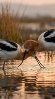 Two American avocets feeding in shallow water during golden hour sunset with warm light reflecting on wetland surface creating peaceful wildlife scene.