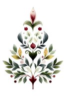 Symmetrical floral folk art composition with green leaves, burgundy and yellow accents on white background, isolated botanical ornament for textile design.